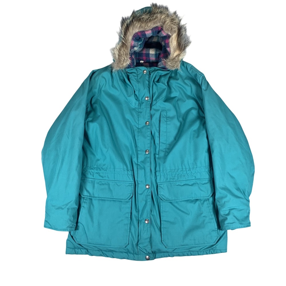 Vintage Woolrich Parka Jacket Womens‎ Medium Teal Plaid Lined Faux Fur Hood